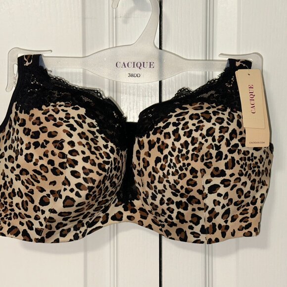 NEW Cacique 38DD Lightly Lined Lace trim balconette Bra, leopard print - Picture 2 of 9